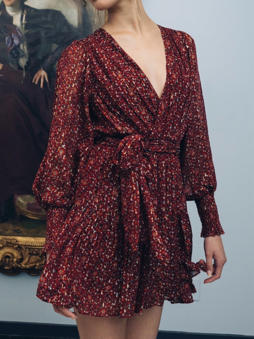 NWT Jenny Yoo ‘Lacy’ Dress in “Merlot Multi Printed Metallic Chiffon” Size XS